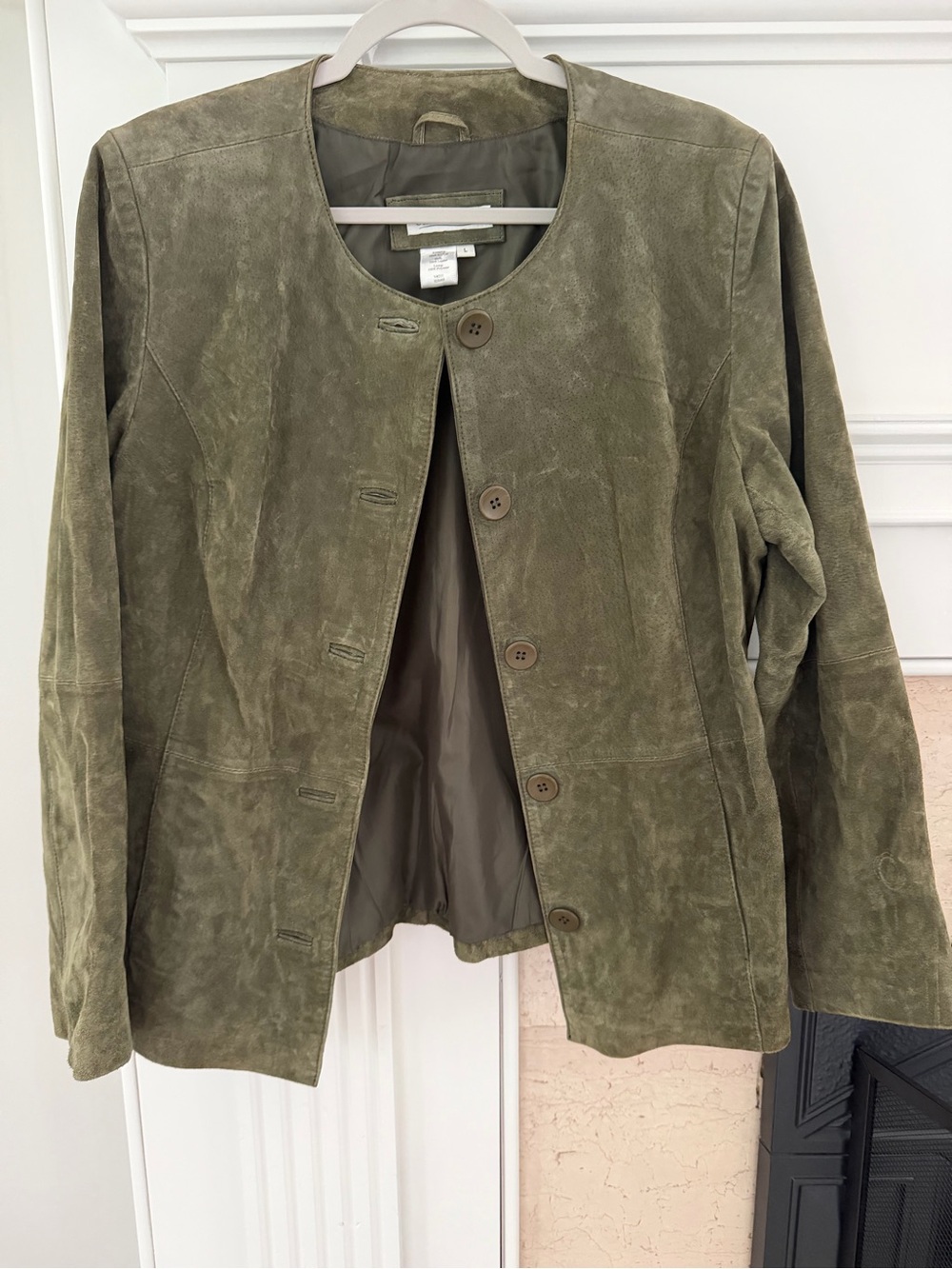 Women's Olive Suede Leather Button-Front Quiet Luxury Jacket